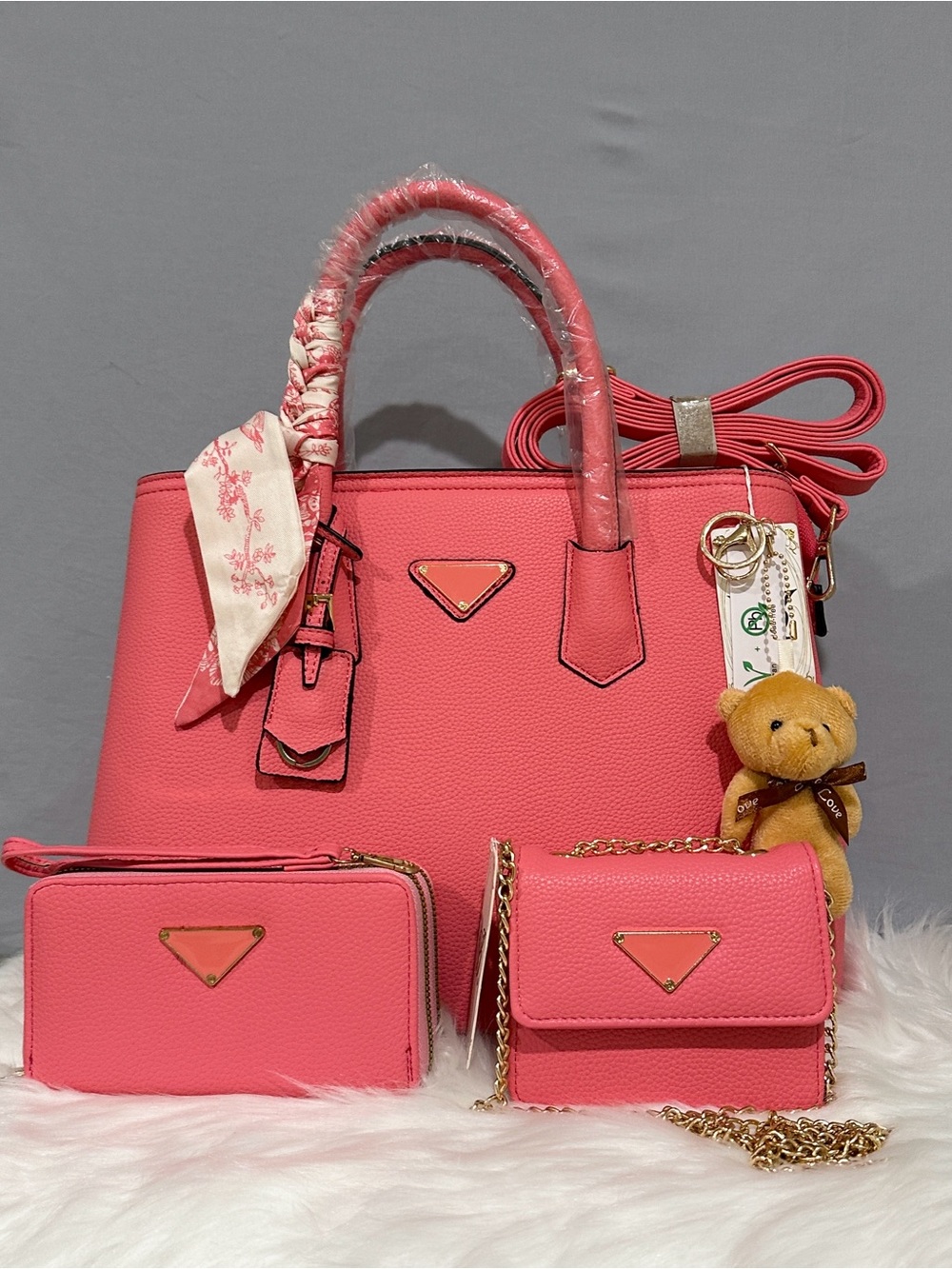 Women's Hot Pink Tote Bag Set with Crossbody & Wallet Removable Crossbody Strap